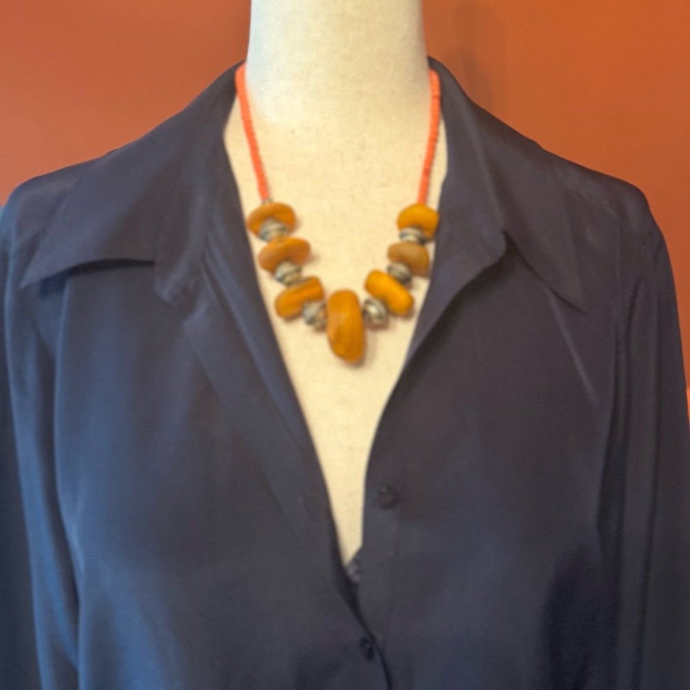 ANTONIO MELANI Navy Silk Long Sleeve Button Down Shirt - Picture 6 of 8